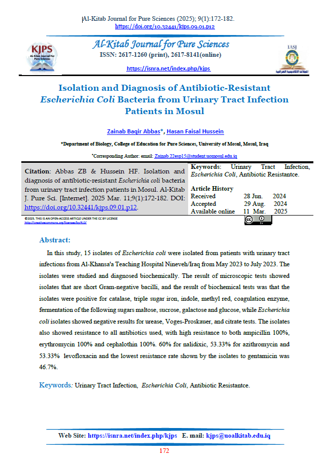 Isolation and Diagnosis of Antibiotic-Resistant Escherichia Coli Bacteria from Urinary Tract Infection Patients in Mosul