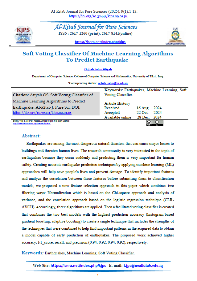 Soft Voting Classifier Of Machine Learning Algorithms To Predict Earthquake 