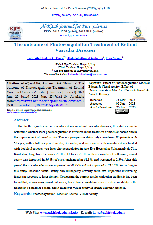 The outcome of Photocoagulation Treatment of Retinal Vascular Diseases