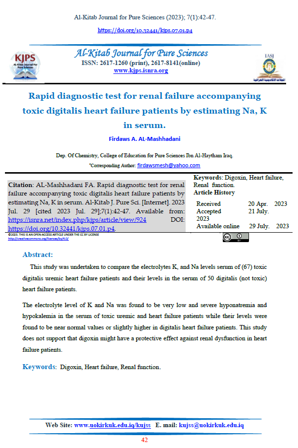Rapid diagnostic test for renal failure accompanying toxic digitalis heart failure patients by estimating Na, K in serum.